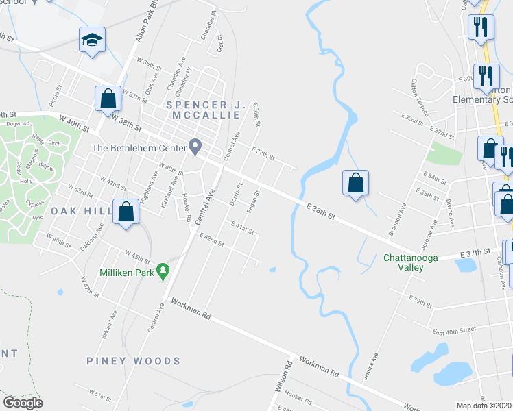 map of restaurants, bars, coffee shops, grocery stores, and more near 200 East 38th Street in Chattanooga