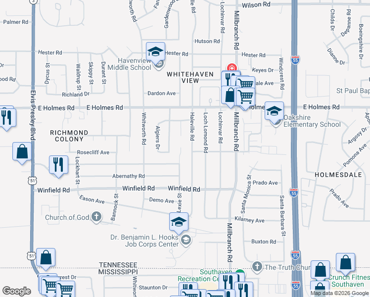 map of restaurants, bars, coffee shops, grocery stores, and more near 5293 Haleville Road in Memphis