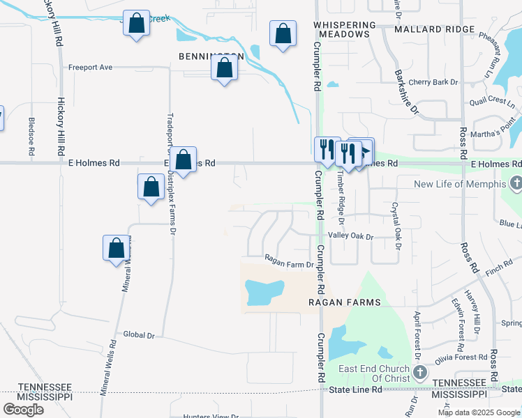 map of restaurants, bars, coffee shops, grocery stores, and more near 6334 Farm Hill Drive in Memphis