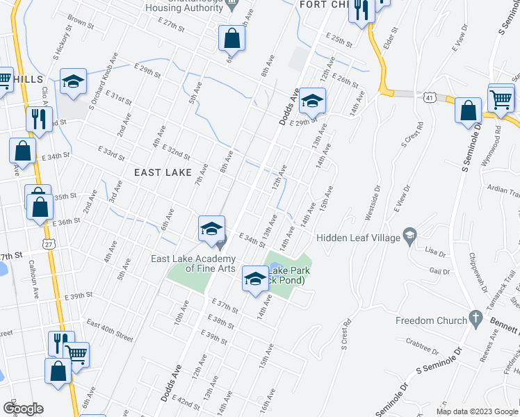 map of restaurants, bars, coffee shops, grocery stores, and more near 3211 12th Avenue in Chattanooga