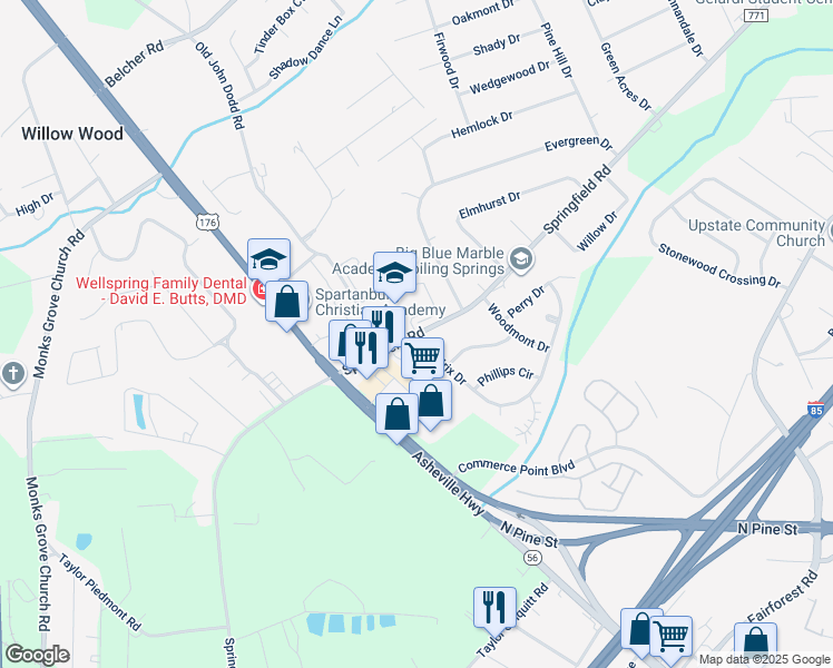 map of restaurants, bars, coffee shops, grocery stores, and more near 1084 State Road 771 in Boiling Springs