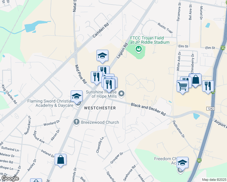 map of restaurants, bars, coffee shops, grocery stores, and more near 3037 Legion Road in Fayetteville