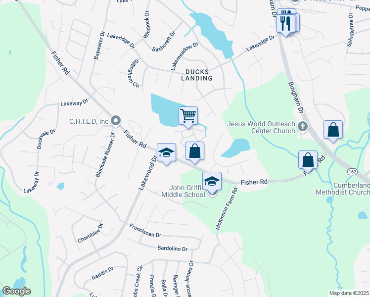 map of restaurants, bars, coffee shops, grocery stores, and more near 2940 Cosmo Drive in Fayetteville