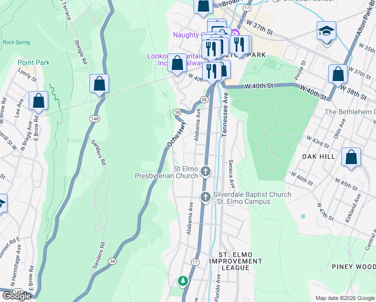 map of restaurants, bars, coffee shops, grocery stores, and more near 4219 Alabama Avenue in Chattanooga