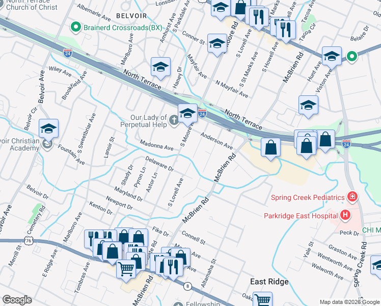 map of restaurants, bars, coffee shops, grocery stores, and more near 521 South Lovell Avenue in Chattanooga
