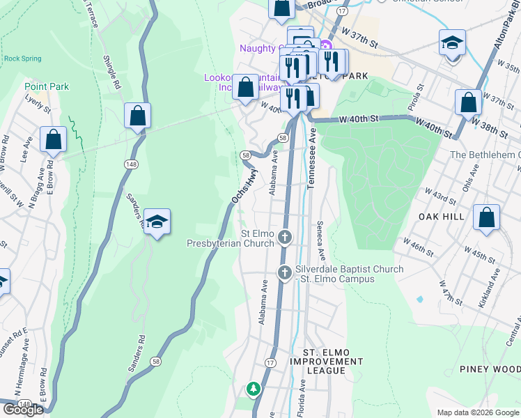 map of restaurants, bars, coffee shops, grocery stores, and more near 4219 Alabama Avenue in Chattanooga