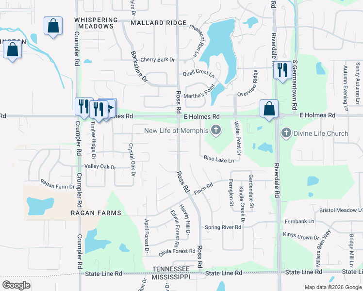 map of restaurants, bars, coffee shops, grocery stores, and more near 6717 Stewart Forest Cove East in Memphis