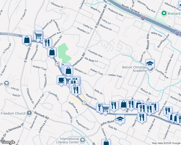 map of restaurants, bars, coffee shops, grocery stores, and more near 3611 Indian Trail in East Ridge