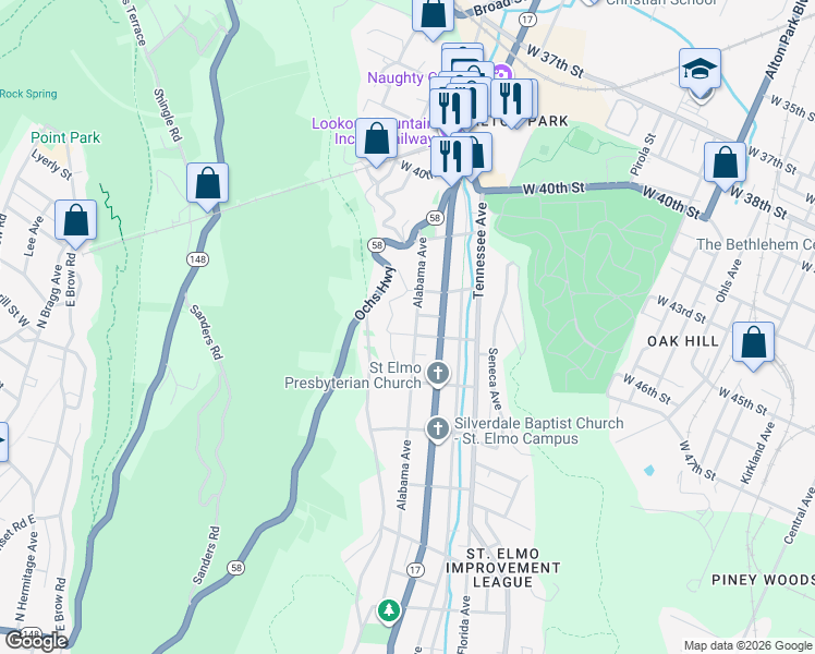 map of restaurants, bars, coffee shops, grocery stores, and more near 4219 Alabama Avenue in Chattanooga