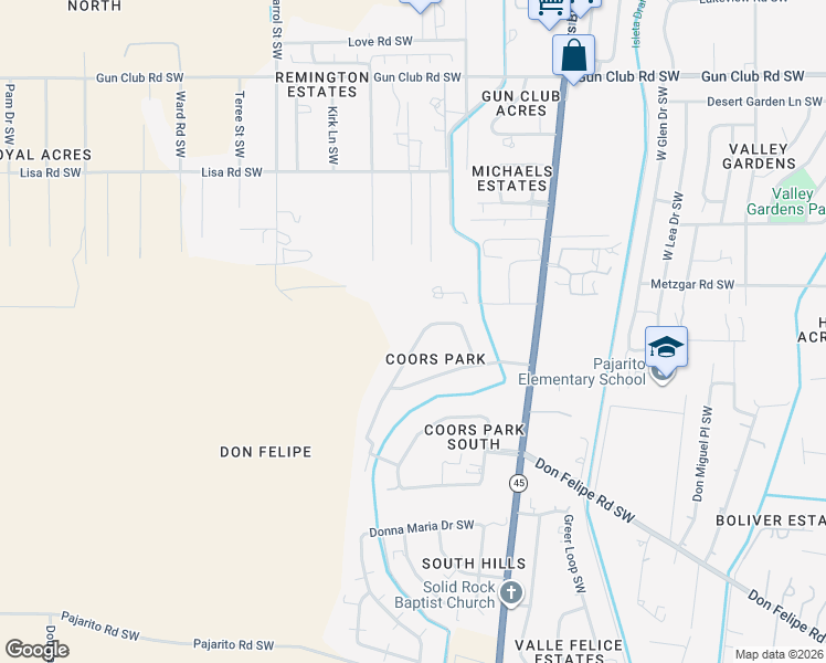 map of restaurants, bars, coffee shops, grocery stores, and more near 5147 Jennie Road Southwest in Albuquerque