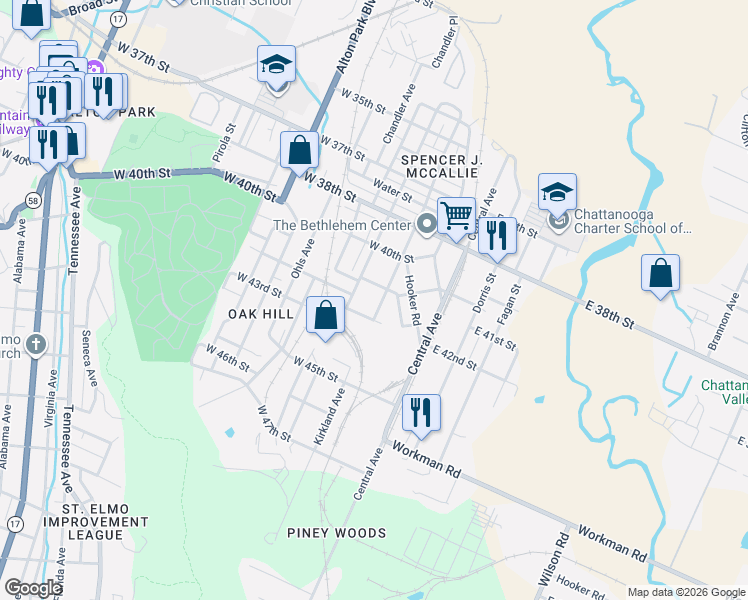 map of restaurants, bars, coffee shops, grocery stores, and more near 4100 Kirkland Avenue in Chattanooga