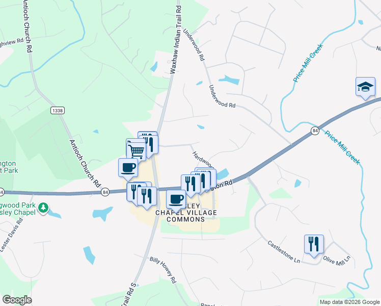 map of restaurants, bars, coffee shops, grocery stores, and more near 1233 Hardwood Drive in Matthews