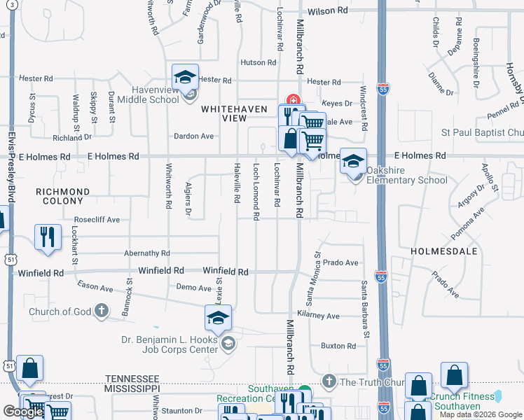 map of restaurants, bars, coffee shops, grocery stores, and more near 5291 Loch Lomond Road in Memphis