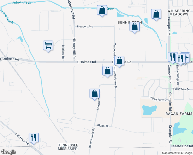 map of restaurants, bars, coffee shops, grocery stores, and more near 6071 East Holmes Road in Memphis