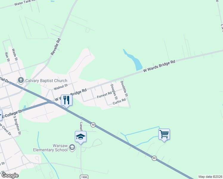 map of restaurants, bars, coffee shops, grocery stores, and more near 608 Wardbridge Road in Warsaw