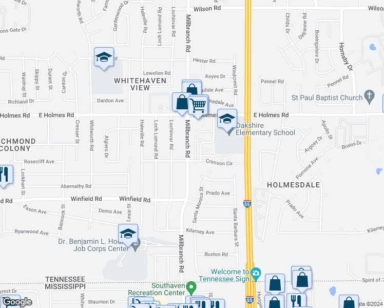 map of restaurants, bars, coffee shops, grocery stores, and more near 5300 Millbranch Road in Memphis