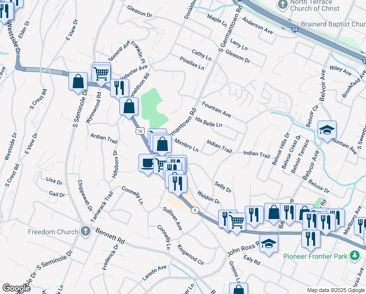 map of restaurants, bars, coffee shops, grocery stores, and more near 3520 Mimbro Lane in Chattanooga