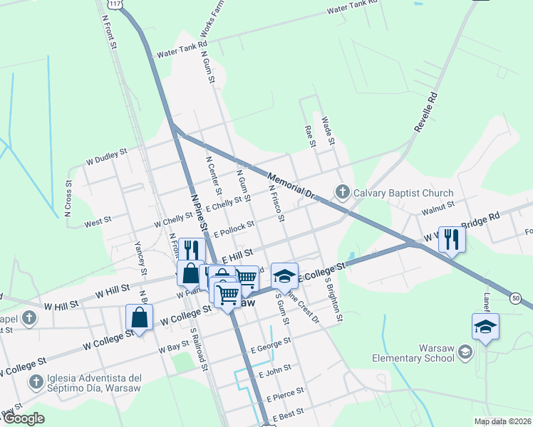 map of restaurants, bars, coffee shops, grocery stores, and more near 401-407 North Frisco Street in Warsaw