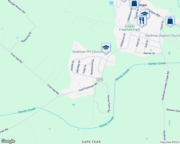map of restaurants, bars, coffee shops, grocery stores, and more near 530 Rosewood Drive in Stedman