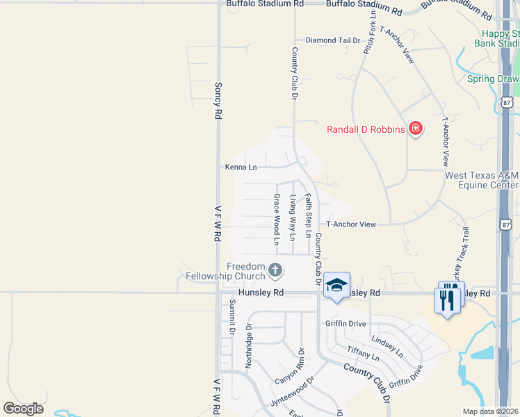 map of restaurants, bars, coffee shops, grocery stores, and more near 8430 Hunsley Road in Canyon