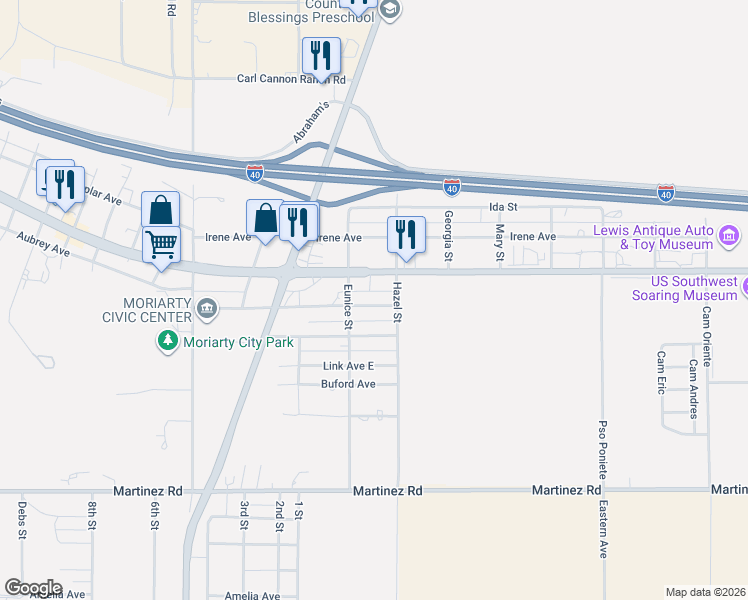 map of restaurants, bars, coffee shops, grocery stores, and more near 209 Roosevelt Avenue in Moriarty