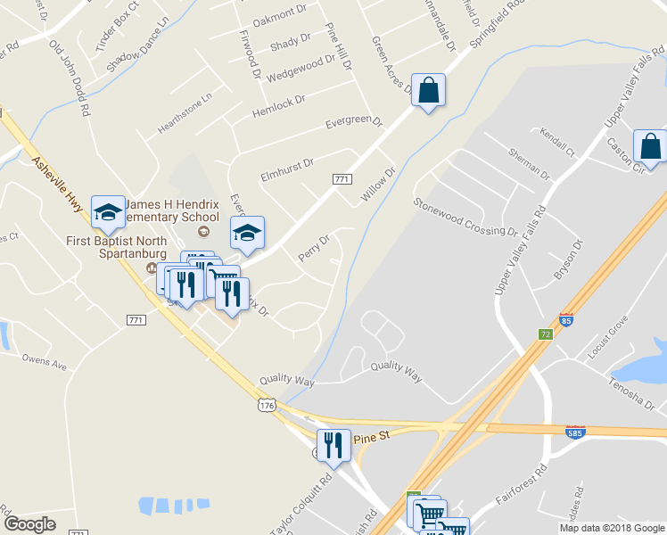 map of restaurants, bars, coffee shops, grocery stores, and more near 101 Hendrix Court in Boiling Springs