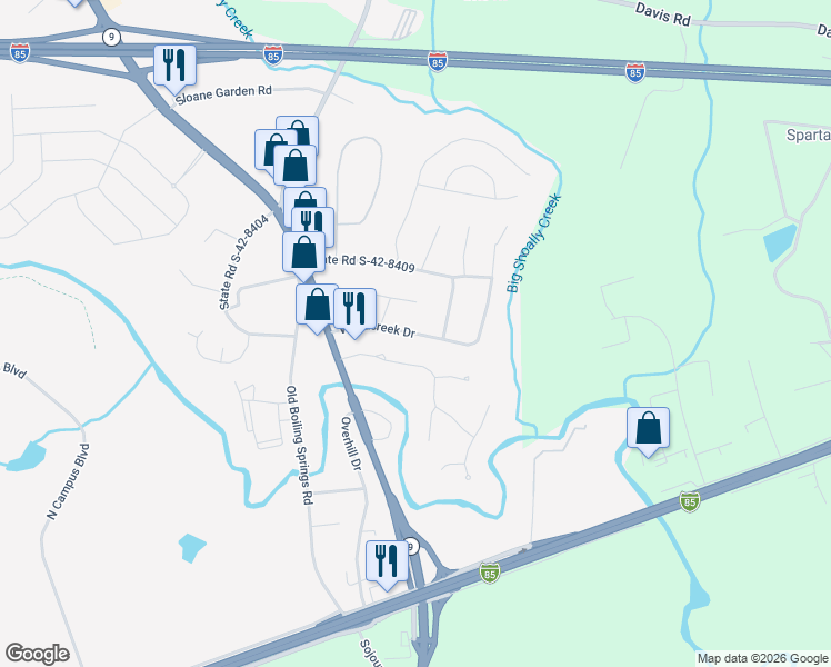 map of restaurants, bars, coffee shops, grocery stores, and more near 113 Woodcreek Drive in Spartanburg