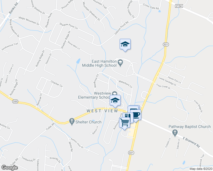 map of restaurants, bars, coffee shops, grocery stores, and more near 9324 Windrose Circle in Chattanooga