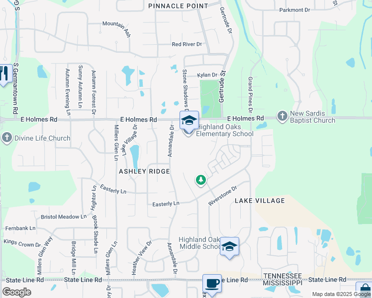map of restaurants, bars, coffee shops, grocery stores, and more near 5252 Annandale Drive in Memphis