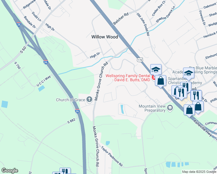 map of restaurants, bars, coffee shops, grocery stores, and more near 21 Willow Pines Court in Spartanburg