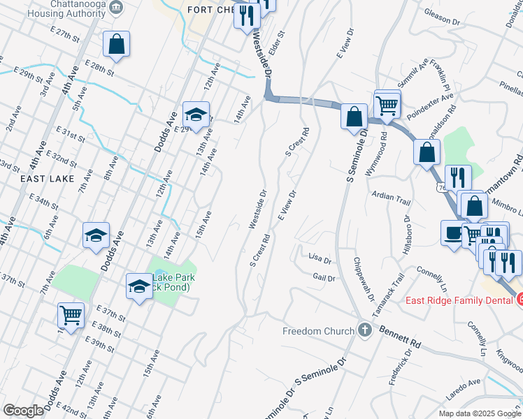 map of restaurants, bars, coffee shops, grocery stores, and more near 3006 Westside Drive in Chattanooga