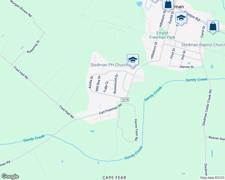 map of restaurants, bars, coffee shops, grocery stores, and more near 530 Rosewood Drive in Stedman