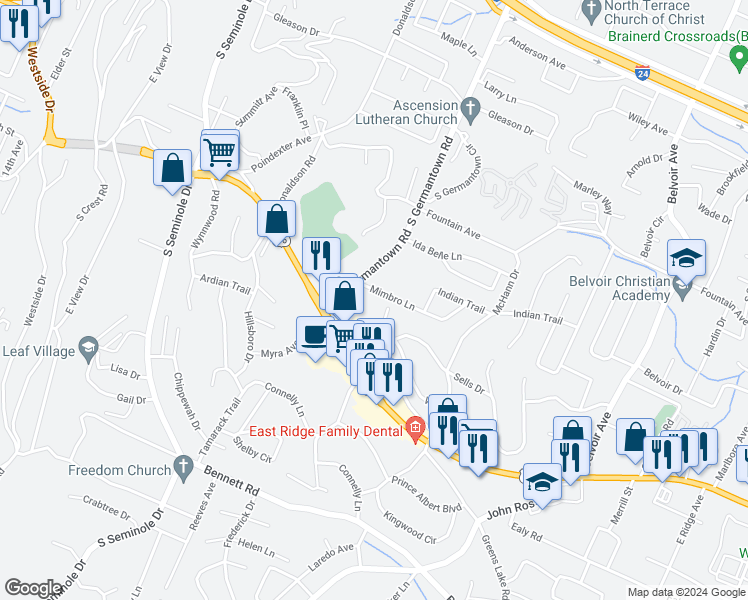map of restaurants, bars, coffee shops, grocery stores, and more near 3520 Mimbro Lane in Chattanooga