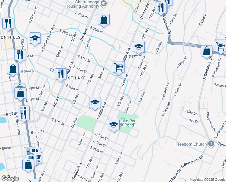 map of restaurants, bars, coffee shops, grocery stores, and more near 3206 Dodds Avenue in Chattanooga