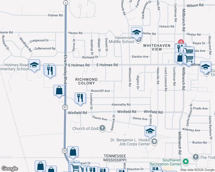 map of restaurants, bars, coffee shops, grocery stores, and more near 1341 Hickory Ridge Cove in Memphis