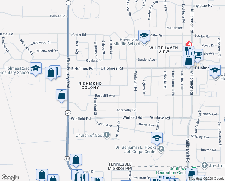 map of restaurants, bars, coffee shops, grocery stores, and more near 1341 Hickory Ridge Cove in Memphis