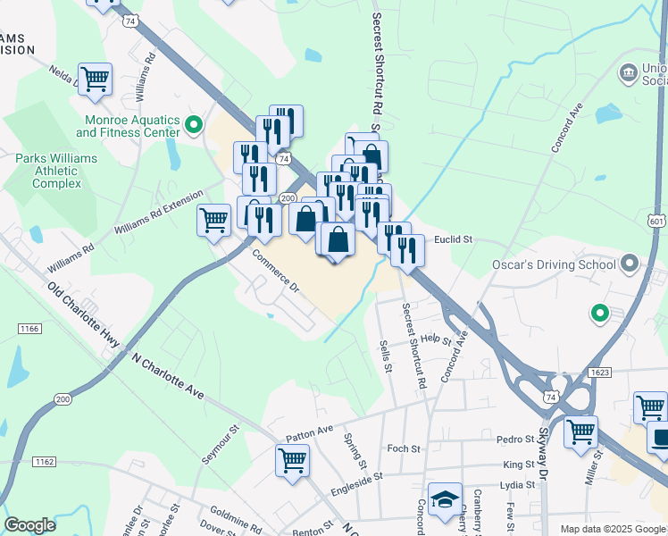 map of restaurants, bars, coffee shops, grocery stores, and more near 2115 West Roosevelt Boulevard in Monroe