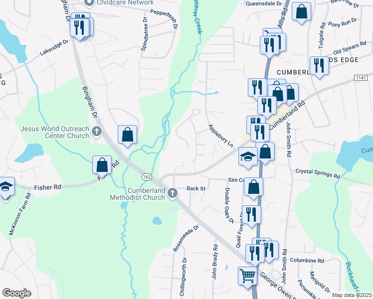map of restaurants, bars, coffee shops, grocery stores, and more near 2366 Cumberland Gap Drive in Fayetteville