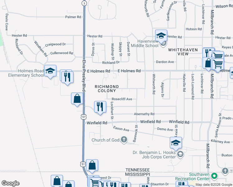 map of restaurants, bars, coffee shops, grocery stores, and more near 1289 Hickory Wood Cove in Memphis