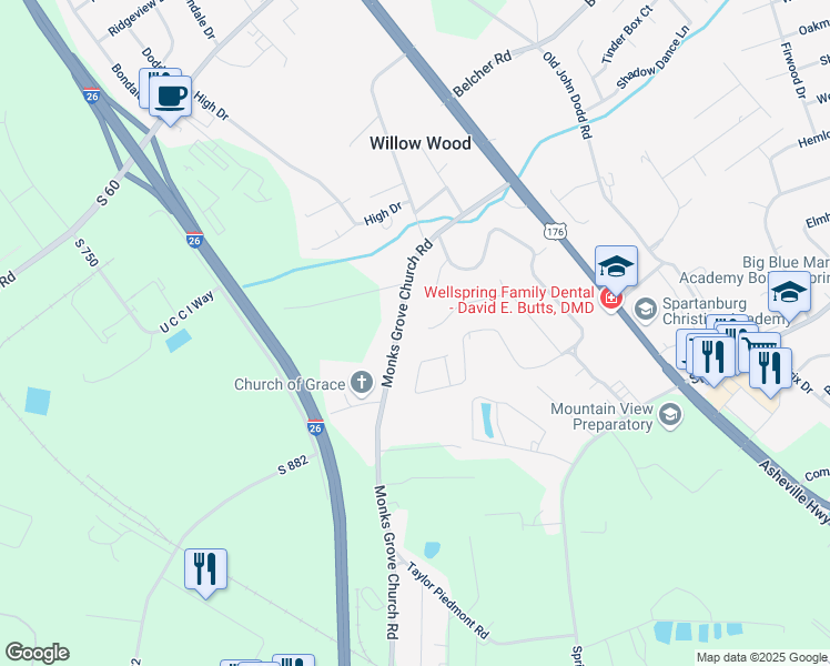 map of restaurants, bars, coffee shops, grocery stores, and more near 21 Willow Pines Court in Spartanburg