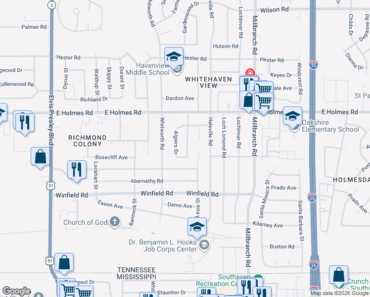map of restaurants, bars, coffee shops, grocery stores, and more near 5297 Villa Del Rey Drive in Memphis