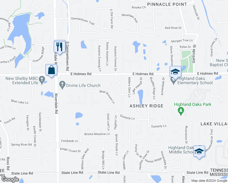 map of restaurants, bars, coffee shops, grocery stores, and more near 7219 Heritage Oak Drive in Memphis