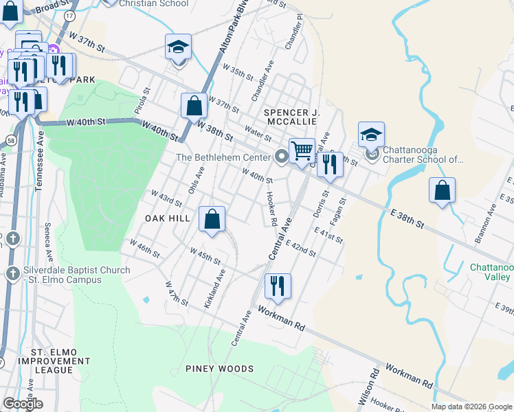 map of restaurants, bars, coffee shops, grocery stores, and more near 4100 Kirkland Avenue in Chattanooga