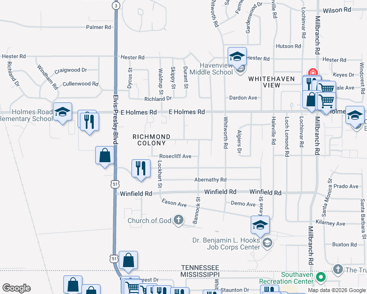 map of restaurants, bars, coffee shops, grocery stores, and more near 1341 Hickory Ridge Cove in Memphis