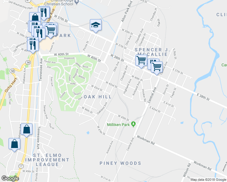map of restaurants, bars, coffee shops, grocery stores, and more near 4210 Oakland Avenue in Chattanooga