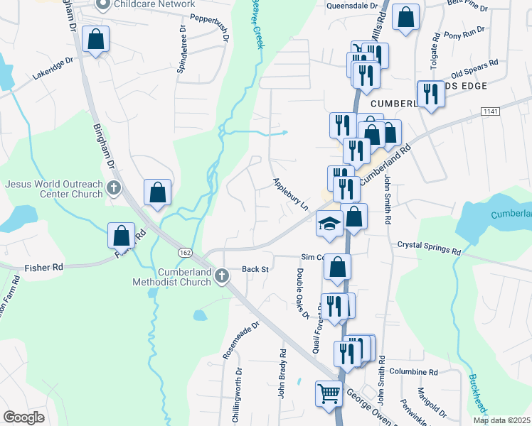 map of restaurants, bars, coffee shops, grocery stores, and more near 2553 Cumberland Creek Drive in Fayetteville