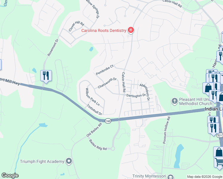 map of restaurants, bars, coffee shops, grocery stores, and more near 7032 Whittingham Drive in Indian Land