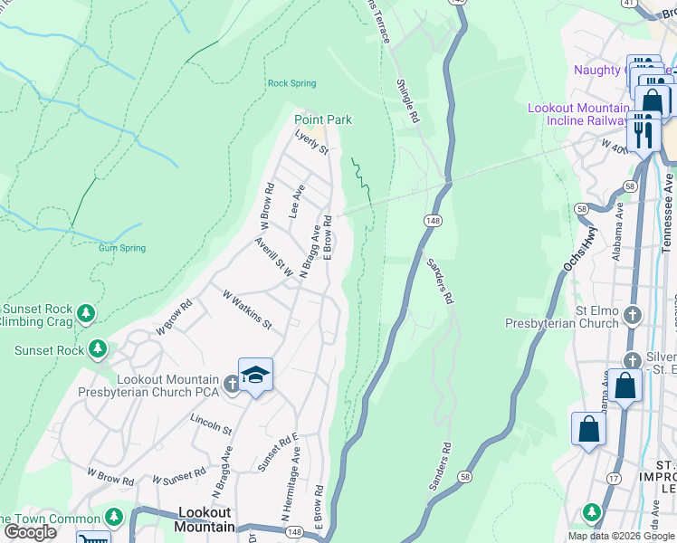 map of restaurants, bars, coffee shops, grocery stores, and more near 717 East Brow Road in Lookout Mountain