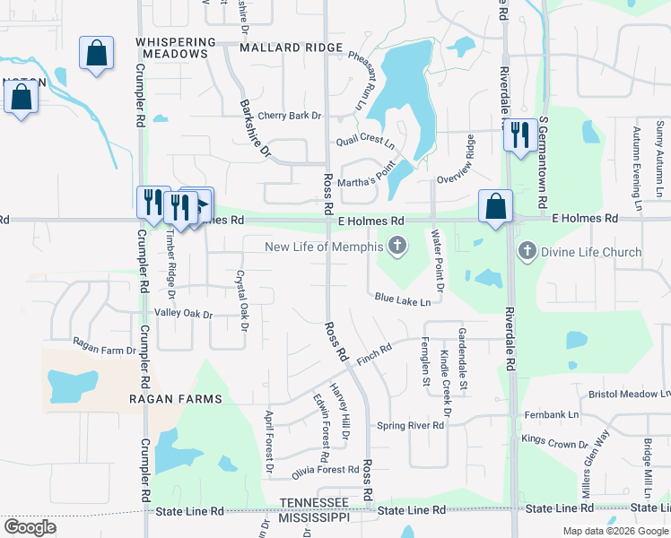 map of restaurants, bars, coffee shops, grocery stores, and more near 6717 Stewart Forest Cove East in Memphis