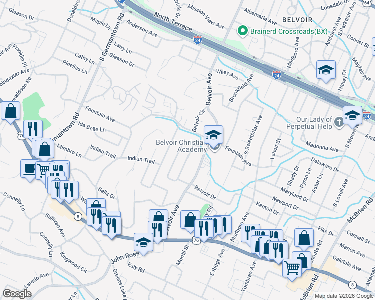 map of restaurants, bars, coffee shops, grocery stores, and more near 815 Belvoir Terrace in Chattanooga